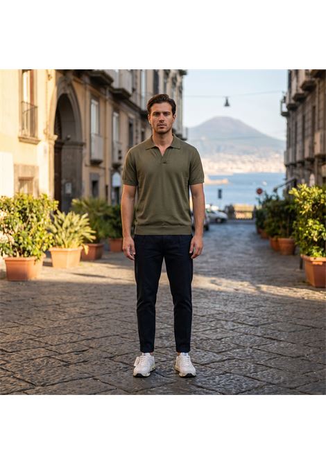 Paolo Pecora Milano Men's Cotton Knit V-Neck Polo - Olive Green PAOLO PECORA |  | A043 F1005407